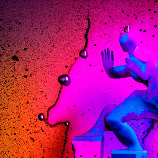 Prompt: 3D statue!!!, purple shattered paint!, glowing lava!!!, (((conglomerate!, slush)), abstract!, black backdrop!, 4k!, award-winning photo!!!!