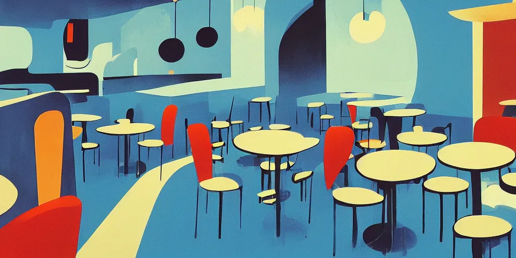 Image similar to cafe interior, blue tone, modernism, gouache, animated film, stylised, illustration, by eyvind earle, scott wills, genndy tartakovski