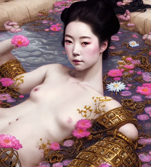 Image similar to baroque portrait of one geisha woman of porcelain skin with steampunk elements lying down in a river made of thousand of flowers, cinematic lighting, photorealistic, octane render, 8 k, depth of field, art by artgerm and greg rutkowski and alphonse mucha and uang guangjian