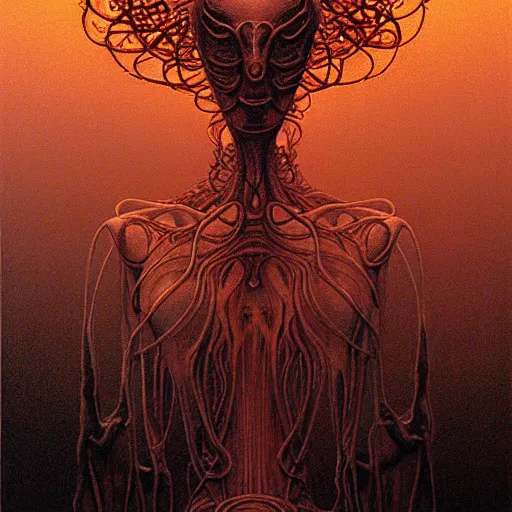 Prompt: symmetrical tarot card, the biomechanical elder god, Zdzisław Beksiński art, figure silhouetted by burning sun, detailed, intricate, elegant, cgsociety, haunting, luxurious, ominous, matte painting, cinematic, Yoshitaka Amano, horizontally symmetrical, Wayne Barlowe