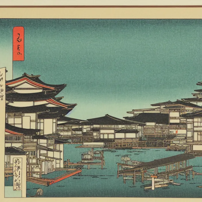 Image similar to a building in a serene landscape, ukiyoe