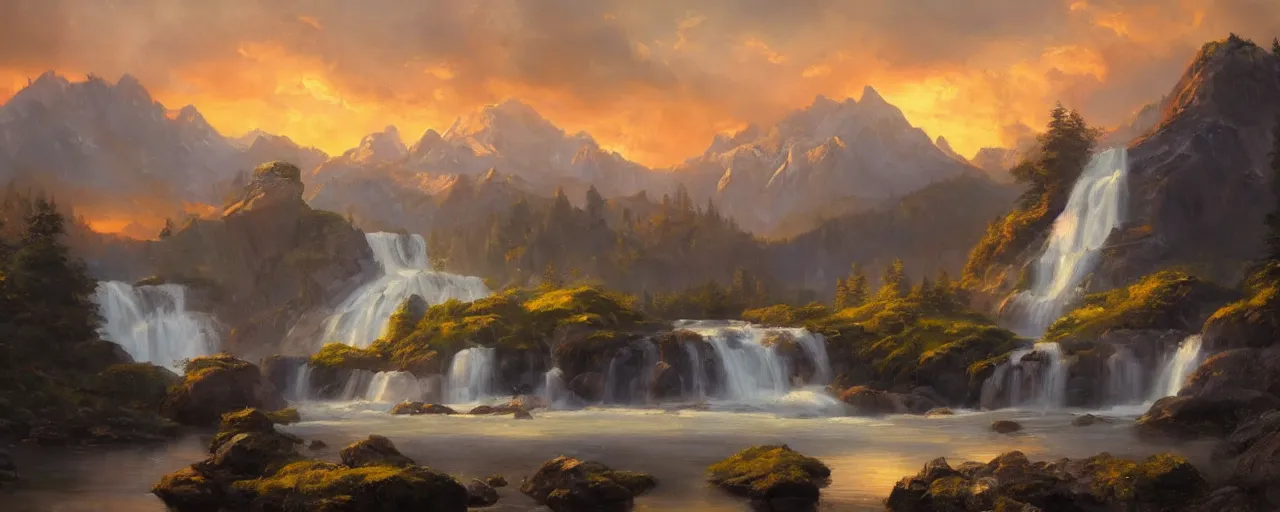 Prompt: a serene landscape with mountains and waterfall, oil painting, light brush strokes, cinematic light, sunset, intricate details, dynamic