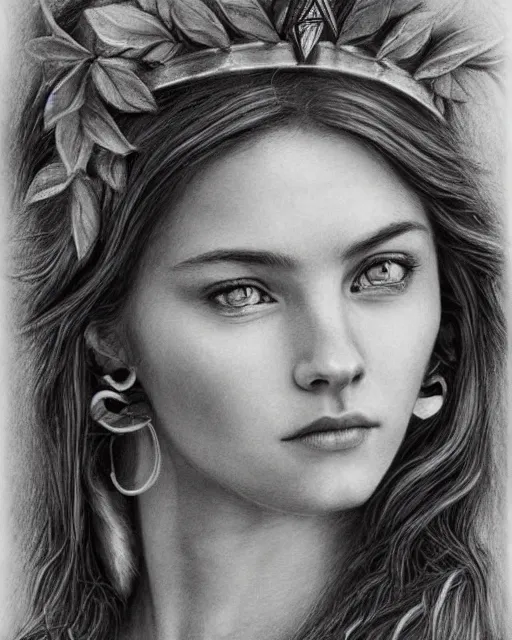 Prompt: pencil drawing of a beautiful greek goddess aphrodite wearing a laurel wreath and arrowhead earrings, beautiful confident eyes, beautiful flowing hair, hyper realistic face, in the style of greg rutkowski, fantasy, amazing detail, epic, elegant, smooth, sharp focus, from the front, long shot