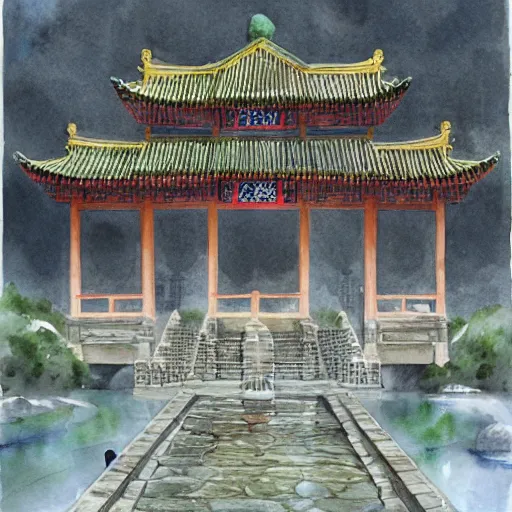 Prompt: water color on paper, imperial jade palace, highly detailed, artstation, masterpiece, award - winning,