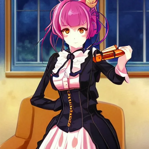 Prompt: a picture of beatrice from the visual novel umineko holding a gun, trending, aesthetic, illustration, award wining details