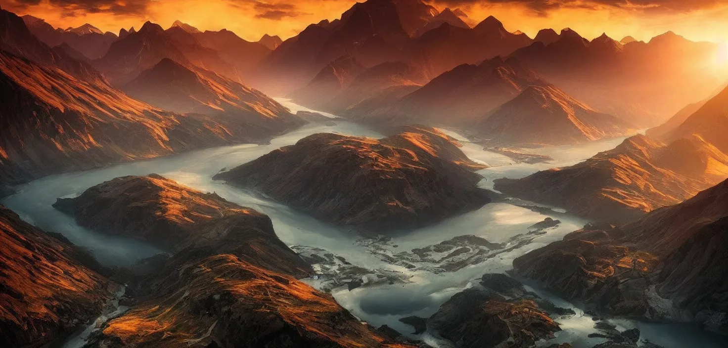 Prompt: amazing landscape photo of mountains with river in sunset by max rive, beautiful dramatic lighting