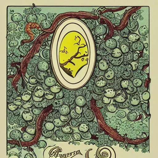 Prompt: a Giraud vintage logo with, toads, eggs, a vine ivy and eyes and octupus