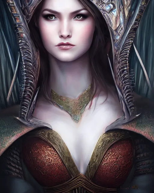 Image similar to a beautiful female dragon queen, 8 k, dark fantasy, hyperrealistic, perfect face, symmetrical, hyperdetailed, fantasy portrait by laura sava