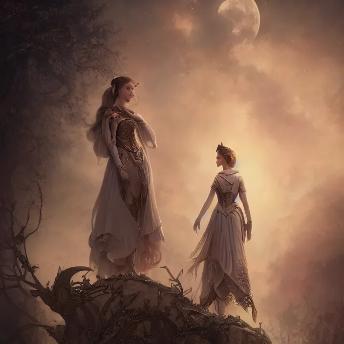 Prompt: ! dream a beautiful digital painting of a princess, princess, the moon behind her, intricate, cinematic lighting, highly detailed, digital painting, concept art, smooth, sharp focus, illustration, art by tom bagshaw, artgerm and greg rutkowski