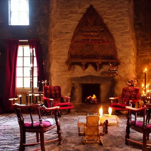 Image similar to A photograph of the Gryffindor common room, cozy arm chairs, a fire burning in the hearth, high ceilings, lit by many candles, light rays, magic aura, bloom, mysterious