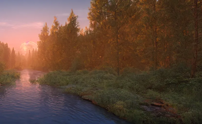 Image similar to a river in the middle of a forest at sunrise, vector art, trending on deviantart, highly detailed, high quality, 8 k, soft lighting, bloom, godrays, complementary colors, octane render, unreal engine 5, path traced, beautiful landscape, serene landscape, fancy colors