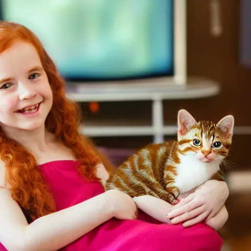 Prompt: young freckled smiling pretty redhead girl is holding a kitten while watching tv, depicted for a children's book, in the style of claudia gadotti and katie risor