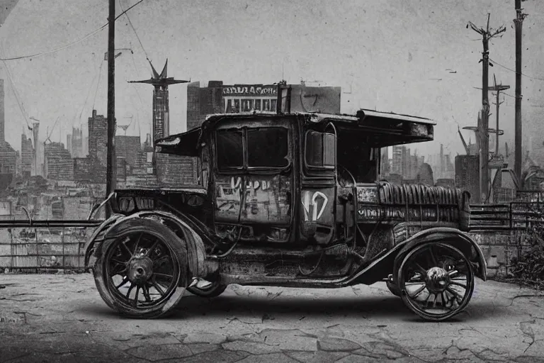 Prompt: cyberpunk 1 9 0 8 model ford t by paul lehr, jesper ejsing, metropolis, parked by view over city, vintage film photo, damaged photo, scratched photo, scanned in, old photobook, silent movie, black and white photo