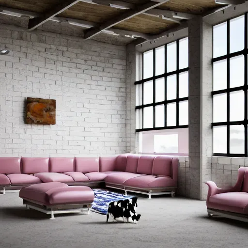 Image similar to interior view of modern futuristic farm barn architecture and interior design showing cows laying down on sofas and pigs and chickens sitting in lounge chairs, wall art, throw pillows, areas rugs, feed troughs, hay, detailed luminescent oil painting 4 k