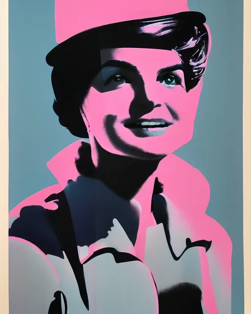 Image similar to beautiful fantasy character portrait, jacqueline kennedy silk screen print by andy warhol, wearing oversized puffy pink bomber jacket and black bikini, ultra realistic, wide angle, seductive pose, cyberpunk artifacts, highly detailed by peter mohrbacher, hajime sorayama, wayne barlowe, boris vallejo, aaron horkey, gaston bussiere, craig mullins