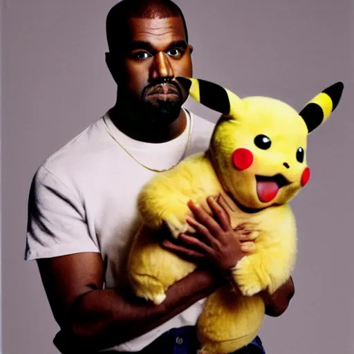 Image similar to Kanye West holding pikachu for a 1990s sitcom tv show, Studio Photograph, portrait C 12.0