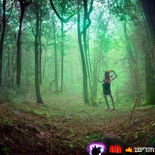 Image similar to psytrance party in a secluded forest, mystical, psychedelic, fog