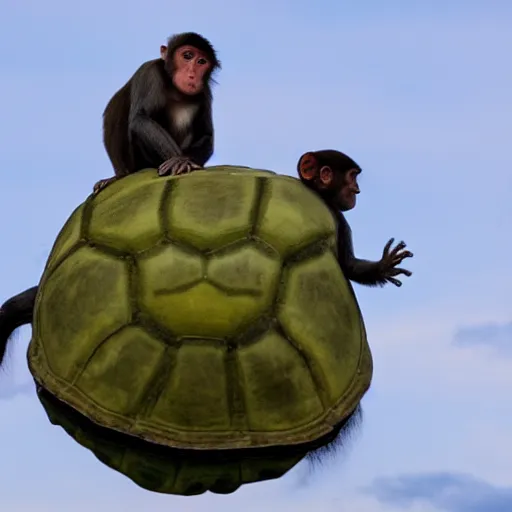 Image similar to a monkey riding on the back of a turtle