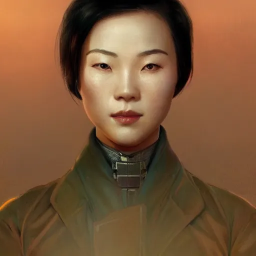 Prompt: Half portrait of a chinese woman with short hair as a character in Fallout 4 visiting a point of interest, gorgeous, beautiful, intricate, highly detailed, digital painting, artstation, oppressive lighting, concept art, sharp focus, illustration, art by greg rutkowski and alphonse mucha