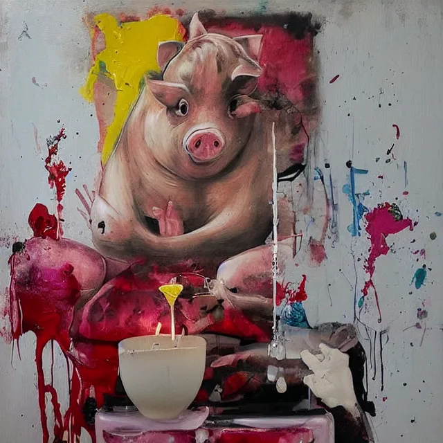 Image similar to “ a portrait in a female art student ’ s apartment, sensual, a pig theme, pork, half - finished sculpture, sculpture work in progress, a candle dripping white wax, clay, squashed berries, berry juice drips, acrylic and spray paint and oilstick on canvas, surrealism, neoexpressionism ”