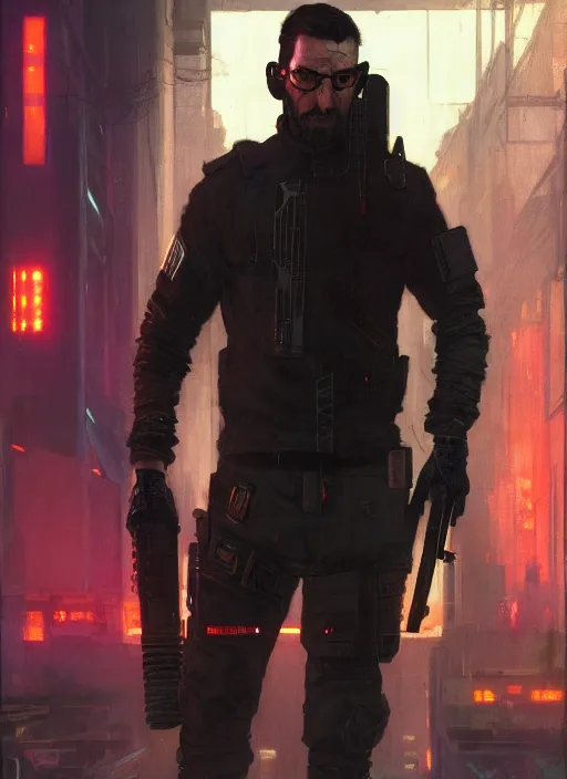 Prompt: Gordon Freeman. Cyberpunk assassin in tactical gear. blade runner 2049 concept painting. Epic painting by Craig Mullins and Alphonso Mucha. ArtstationHQ. painting with Vivid color. (rb6s, Cyberpunk 2077, matrix)