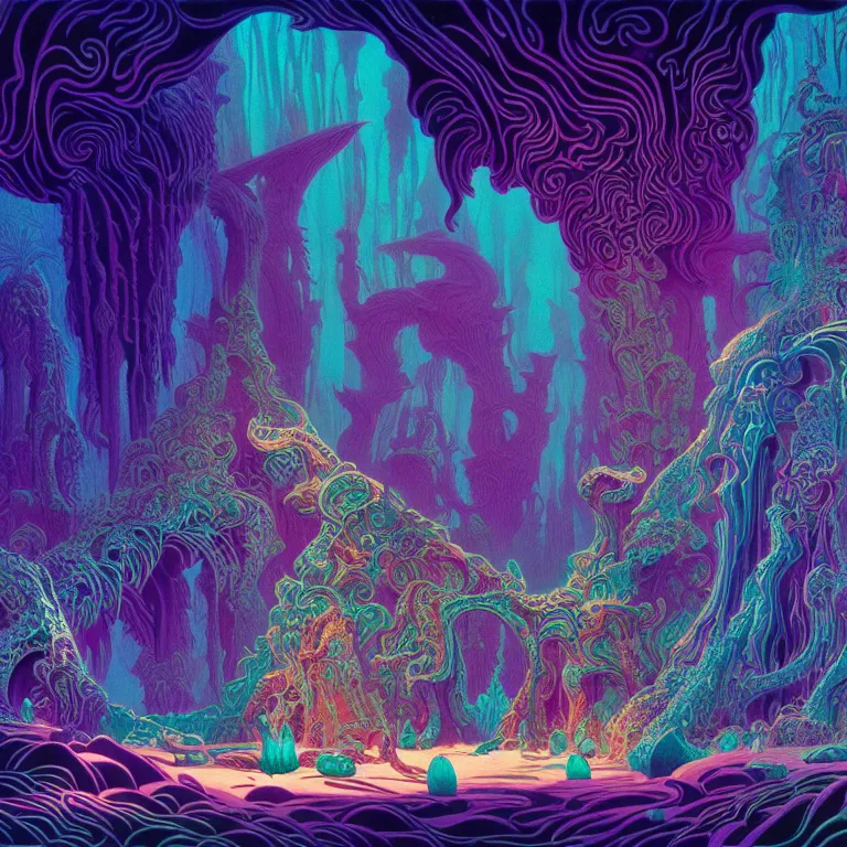 Image similar to interior mythical crystal temple, strange animal silhouettes, fractal waves, synthwave, bright neon colors, highly detailed, cinematic, eyvind earle, tim white, philippe druillet, roger dean, ernst haeckel, lisa frank, aubrey beardsley, kubrick