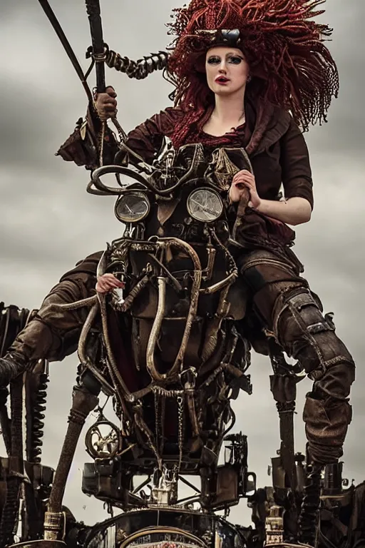 Image similar to steampunk queen elizabeth in mad max fury road