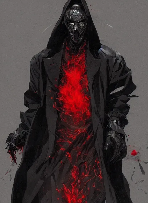 Image similar to half body portrait of an evil deity, a man in black mask and black rugged long trench coat made of smoke, red aura. in style of yoji shinkawa and hyung - tae kim, trending on artstation, dark fantasy, great composition, concept art, highly detailed, dynamic pose.