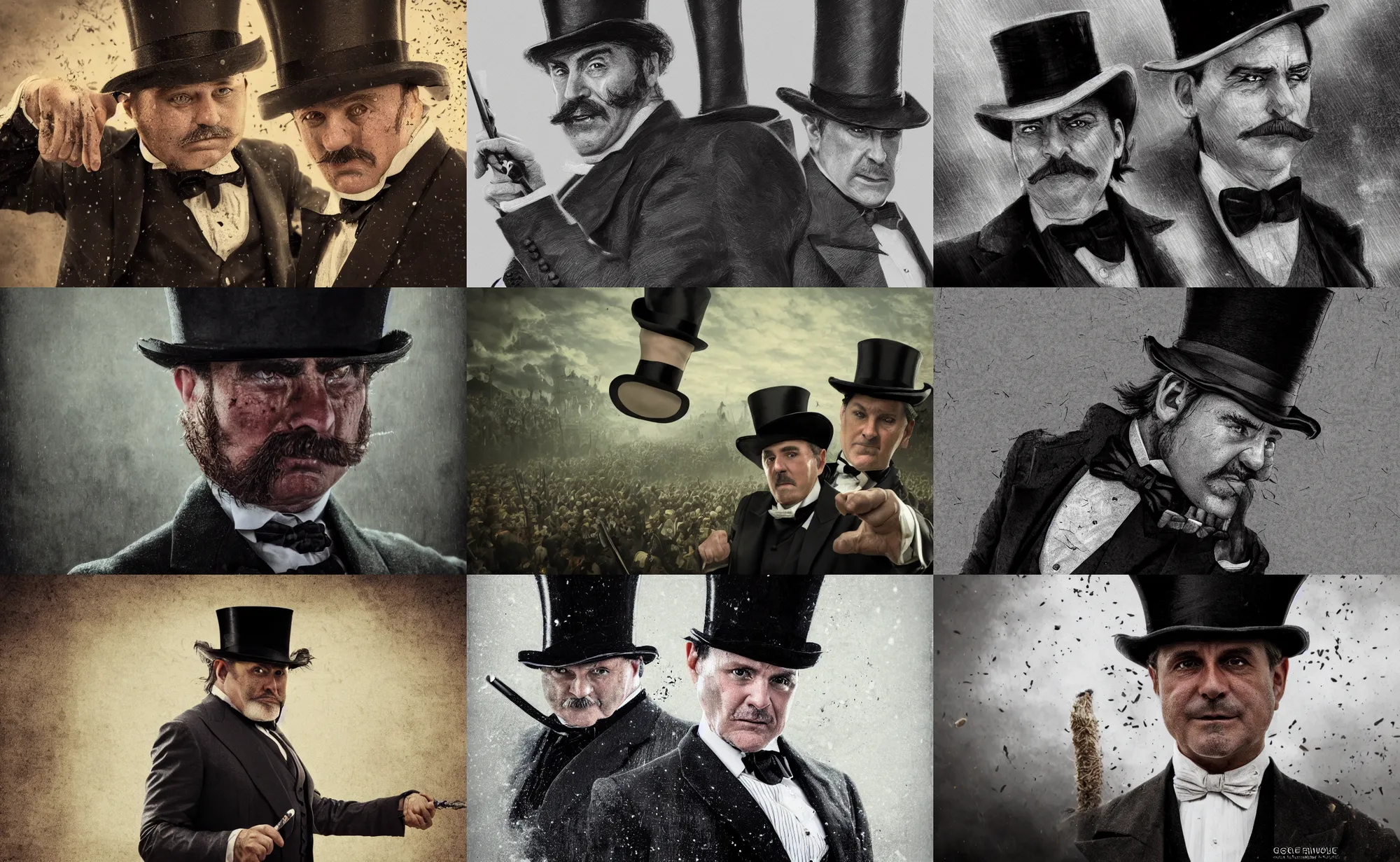 Prompt: cinematic close up artwork of middle aged man with a top hat and a fine suit fighting in battle against an army of warriors by greg rutowski, 4 k, fantasy, masterpiece