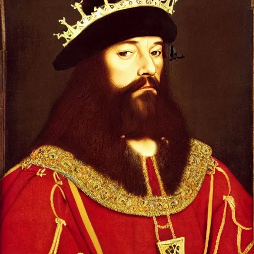 Prompt: Official royal portrait of a king, middle ages, full body, front facing, ominous, black beard, wearing royal crown, dark red embellished tunic, dark background, highly realistic, hans holbein, highly dramatic