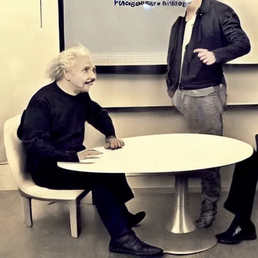 Prompt: photogragh of einstein and elon musk, talk a table, elon sitting in the right, einstein sitting in the left, bitcoins on the table, crowd of peoples looking at them