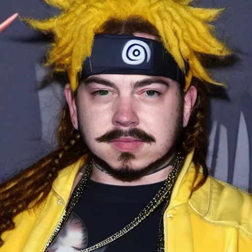 Image similar to post Malone cosplaying as Naruto, incredible outfit, high fashion,