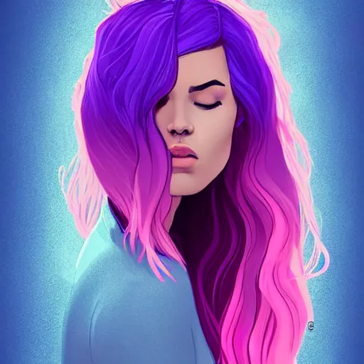 Image similar to a stunning upper body portrait of a beautiful woman with ombre hairstyle in purple and pink blowing in the wind by marvel comics, digital art, trending on artstation