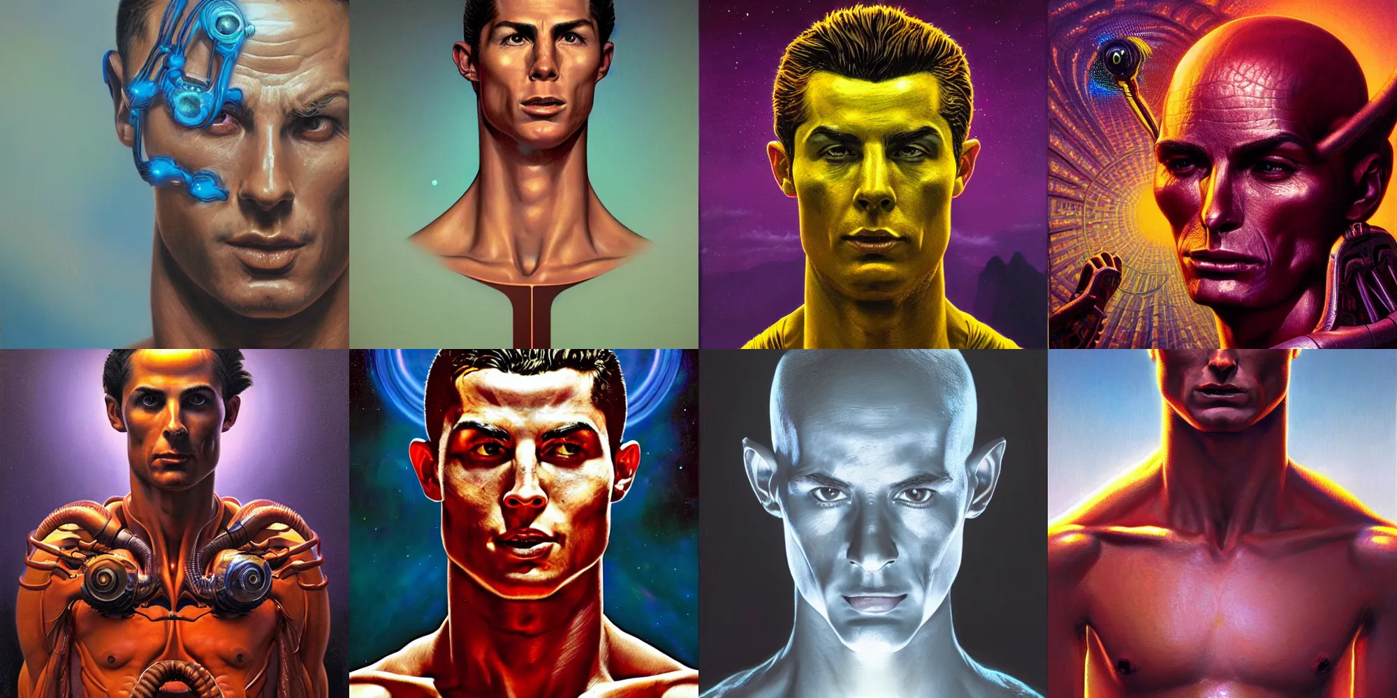 Prompt: cinematic bust portrait of psychedelic Cristiano Ronaldo from left, head and chest only, exotic alien features, robotic enhancements, desaturated, Tim Hildebrandt, Wayne Barlowe, Bruce Pennington, donato giancola, larry elmore, oil on canvas, masterpiece, trending on artstation, featured on pixiv, cinematic composition, dramatic pose, beautiful lighting, sharp, details, hyper-detailed, HD, HDR, 4K, 8K