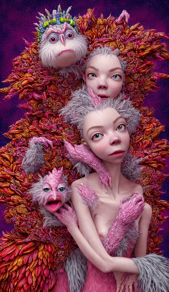 Prompt: hyper detailed 3d render like a Oil painting - kawaii portrait of surprised Aurora (a beautiful skeksis muppet fae queen from dark crystal that looks like Anya Taylor-Joy) seen red carpet photoshoot in UVIVF posing in scaly dress to Eat of the Strangling network of yellowcake aerochrome and milky Fruit and His delicate Hands hold of gossamer polyp blossoms bring iridescent fungal flowers whose spores black the foolish stars by Jacek Yerka, Ilya Kuvshinov, Mariusz Lewandowski, Houdini algorithmic generative render, Abstract brush strokes, Masterpiece, Edward Hopper and James Gilleard, Zdzislaw Beksinski, Mark Ryden, Wolfgang Lettl, hints of Yayoi Kasuma and Dr. Seuss, octane render, 8k