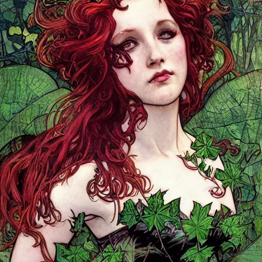 Image similar to a beautiful painting of poison ivy who just walked out of hot topic, dark eyeliner, intricate, elegant, highly detailed, digital painting, artstation, concept art, matte, sharp focus, illustration, art byby rebecca guay and by arthur rackham and by alphonse mucha and by john william waterhouse, comic book style!!