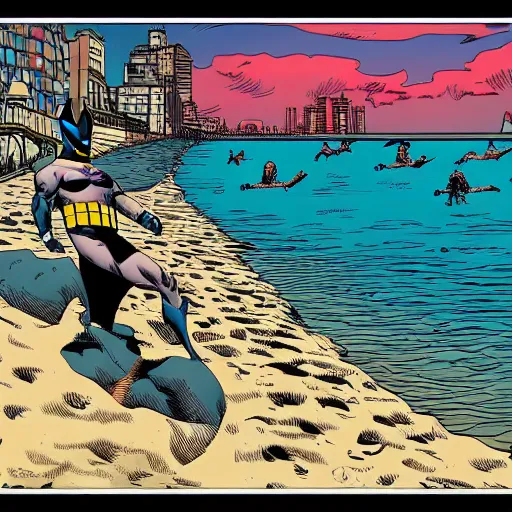 Image similar to batman at the beach swimming in the sea, comic art style, detailed lines, highly detailed