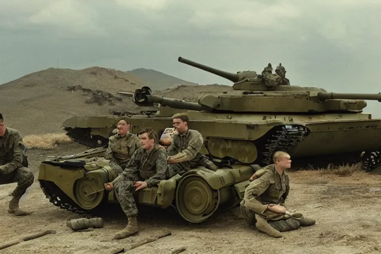 Image similar to soldiers relaxing on a tank, cinematography by Roger Deakins
