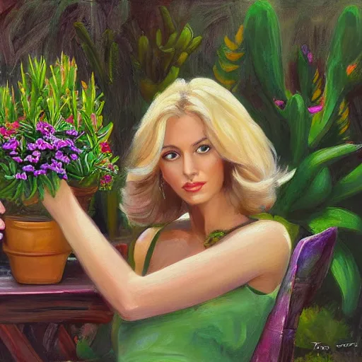 Prompt: painting by Tony Sart of a beautiful blonde woman with shoulder length hair in a forest green dress putting colorful succulents into rainbow pots at a square table