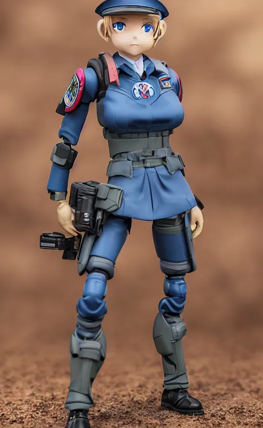 Prompt: toy photo, realistic face, school uniform, portrait of the action figure of a scifi soldier girl, anime character anatomy, small blue eyes, figma by good smile company, collection product, dirt and smoke background, flight squadron insignia, realistic military gear, 70mm lens, round elements, photo taken by professional photographer, trending on instagram, symbology, 4k resolution, low saturation, realistic military carrier