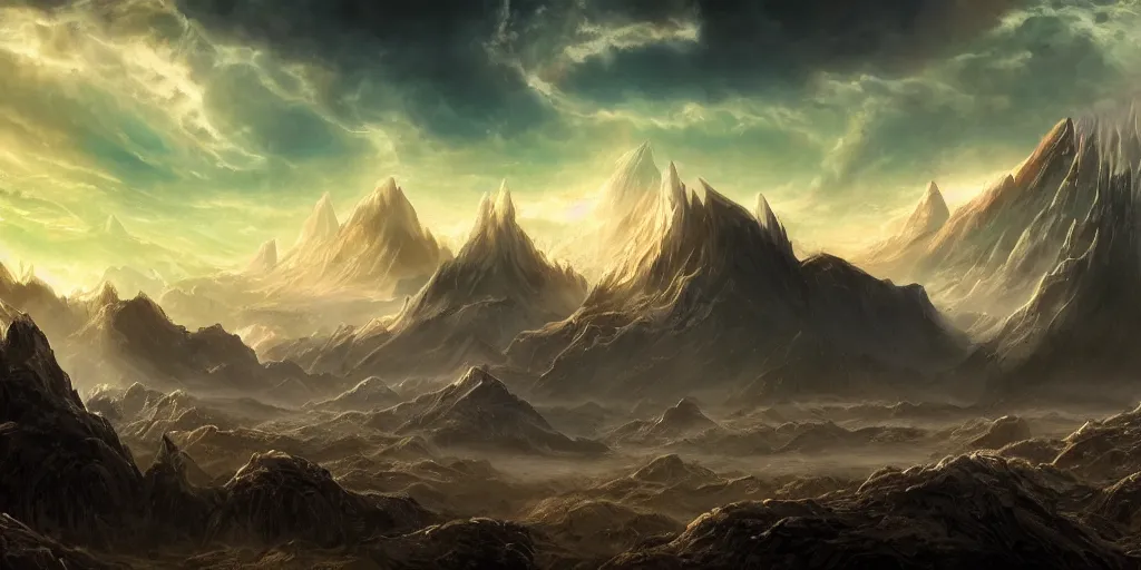 Prompt: The eldritch sky landscape with mountains in the background, Sci-Fi fantasy desktop wallpaper, painted, 4k, high detail, sharp focus