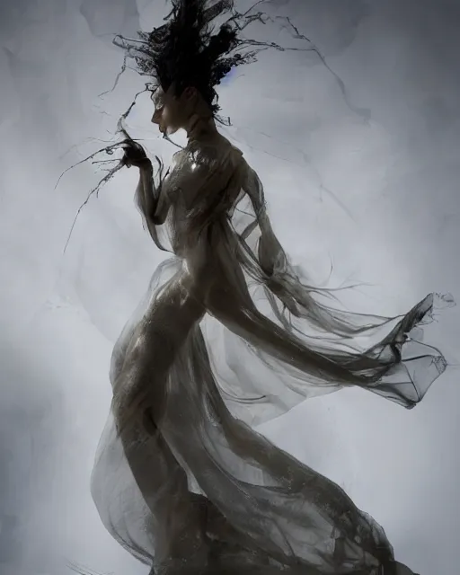 Image similar to professional concept art ethereal ghostlike valkyrie figure fluid simulation in houdini dancing in dark smoke robes and silk veils by ilm, paolo roversi, nick knight, amy judd, beautiful simplified form in turbulent movement, dark studio background, turner, romantic, trending on artstation, hyperrealism, matte painting, dutch golden age, fine detail, cgsociety