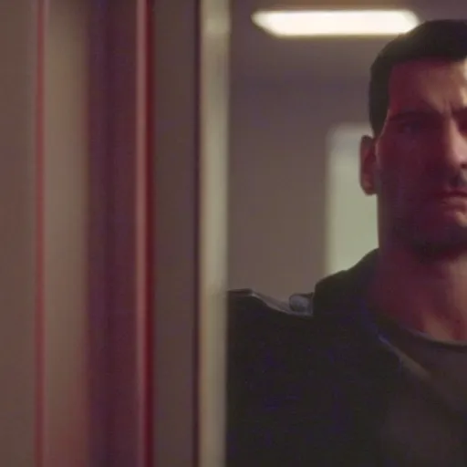 Prompt: a vhs still portrait of the punisher breaking into the office from a gritty cyberpunk 2 0 0 0 s james cameron movie about spider - man. realism, cinematic lighting, 4 k. 8 mm. grainy. panavision.