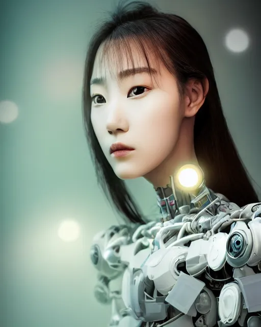 Image similar to beautiful centered photo portrait of hoyeon jung as a solarpunk robotic humanoid with white mechanical parts with bright halogen lights, treading on calm water, reflection on water, ultra - realistic and detailed, sun lit, white background, bokeh, soft focus, slow exposure hdr 8 k