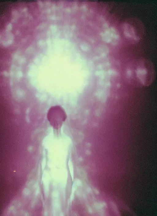 Prompt: a symmetrical female astral projection, liquid glowing aura, out of body experience, multiverse, film grain, cinematic lighting, experimental film, shot on 1 6 mm