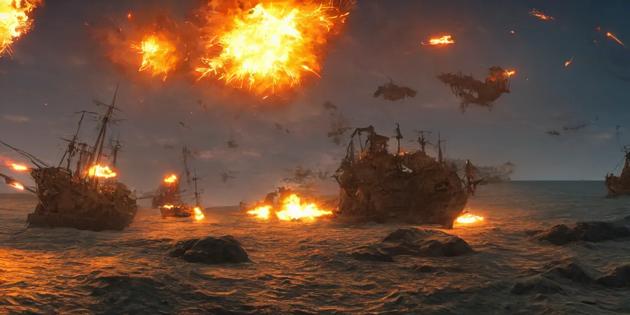 Prompt: wartime fantasy beach landing, explosions, unreal engine, pirate ships in the sea in the distance, dragons breathing fire, 4k