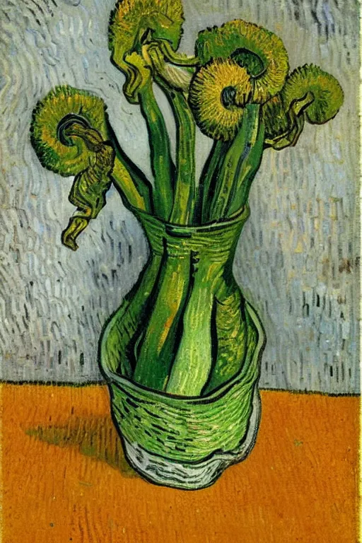 Image similar to Fiddleheads, painted by Vincent Van Gogh (1890), oil on canvas, detailed brushstrokes