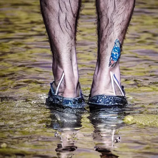 Prompt: ultra detailed photo, man wearing fish on his feet