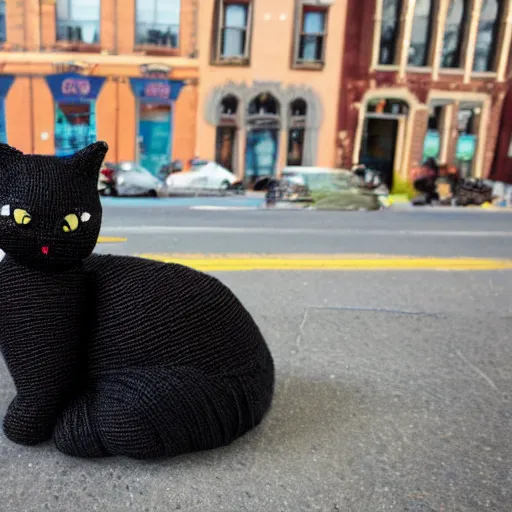 Prompt: black cat in a city of yarn