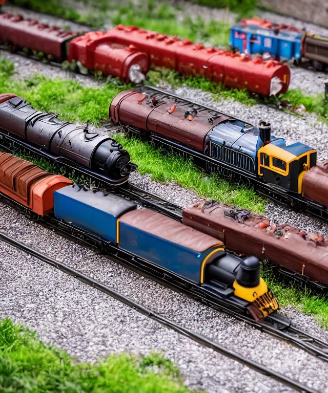 Image similar to high quality presentation photo of a model railway with model steam trains, photography 4k f1.8 anamorphic bokeh 4k Canon Nikon